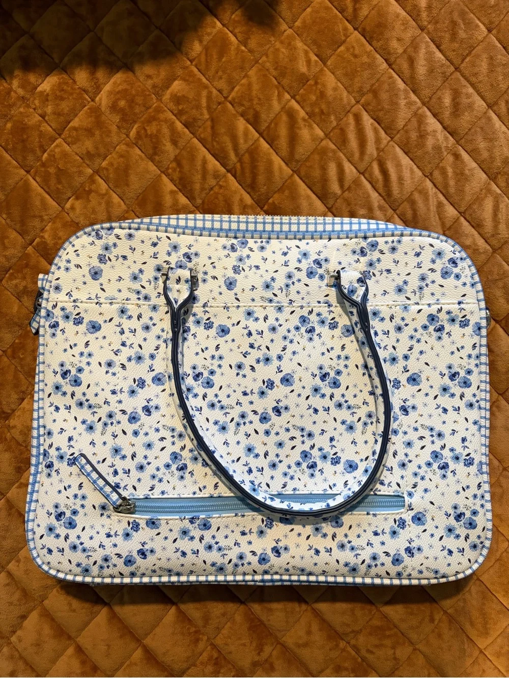 Parfois Light Blue Floral Laptop bag with Gingham Trim